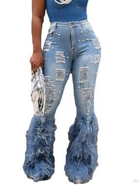 High Waisted Pearl Ripped Flare Jeans Women Y2K Stretch Bell Bottom Denim